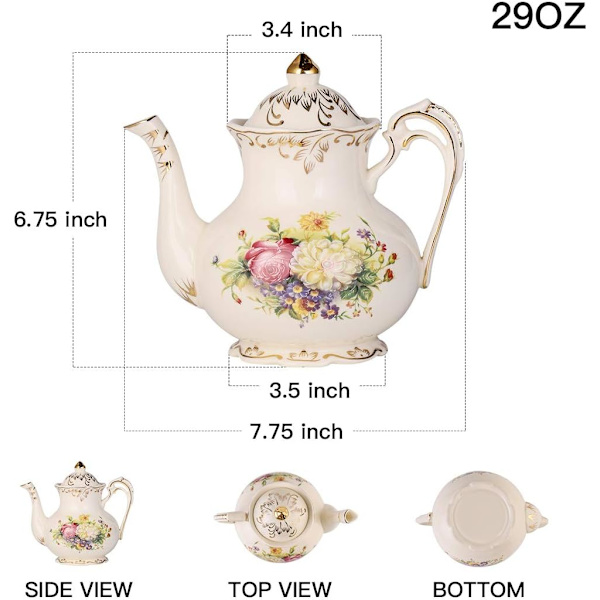 Blomster tekande, 800 ml 4 kop keramisk tekande, vintage blomster med guld blad kant, gave til kvinder Flower 4 Cup