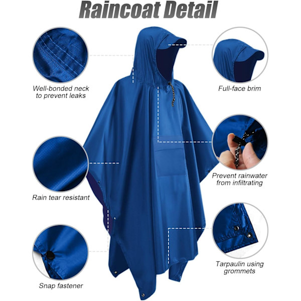 Vattentät poncho för vuxna, återanvändbar regnponcho för vuxna, vattentät poncho, vattentät vuxen, lätt vattentät regnrock för utomhusvandring camping C Sky Blue L