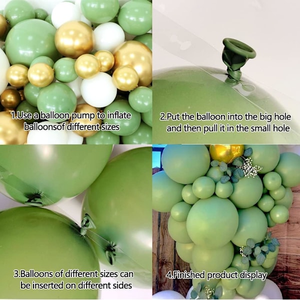 Salviagrön ballonggirlang bågset, 152 delar olivgrön ballongbåge set med vita latexballonger guld metalliska latexballonger för pojkar flickor baby