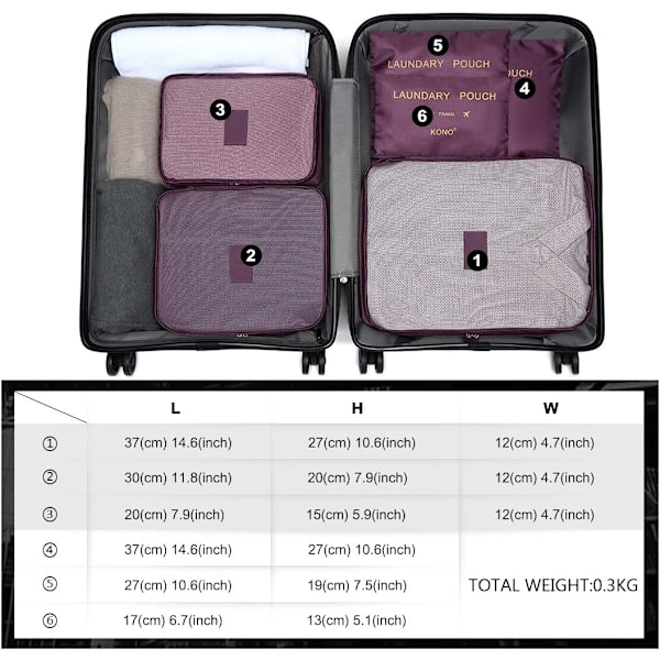 6-pack reseväskor med dragkedja för kläder, underkläder och strumpor (vinröd) Burgundy 6 size
