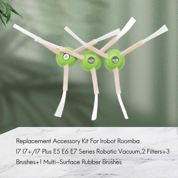 Erstatningstilbehørssett for iRobot Roomba i7 i7+/i7 Plus E5 E6 E7-serien robotstøvsuger, 2 filtre + 3 børster + 1 multi-overflate gummibørste jn