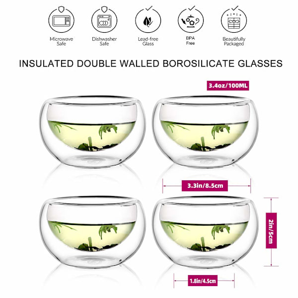 Dubbelväggig glas tekopp set om 4, isolerade genomskinliga tekoppar, liten espressokopp för kaffe
