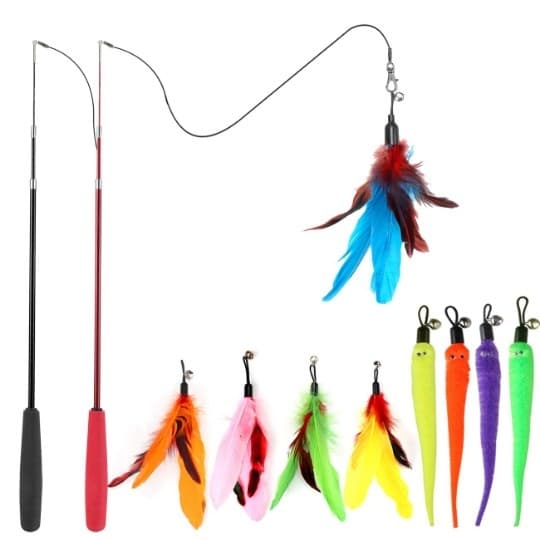 Cat Retraction Rod Interactive Cat Toy Feather Da Bird Cat Extendable Fishing Rod Toy Set (2 Rods and 9 Refill Feathers)