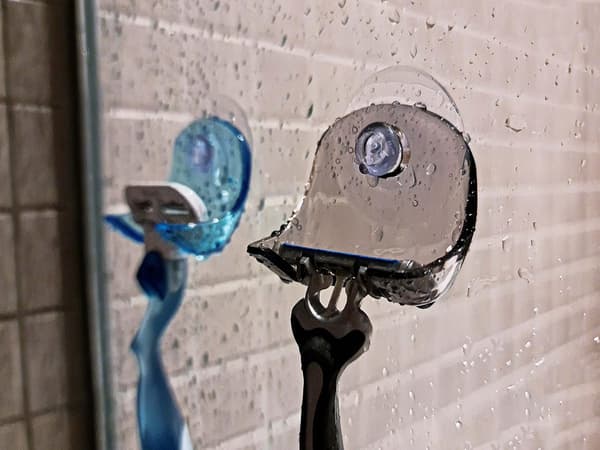2 Pcs Razor Holder - Wall Mounted for Bathroom/Shower/Mirror - Waterproof Plastic Hook - Grey + Blue