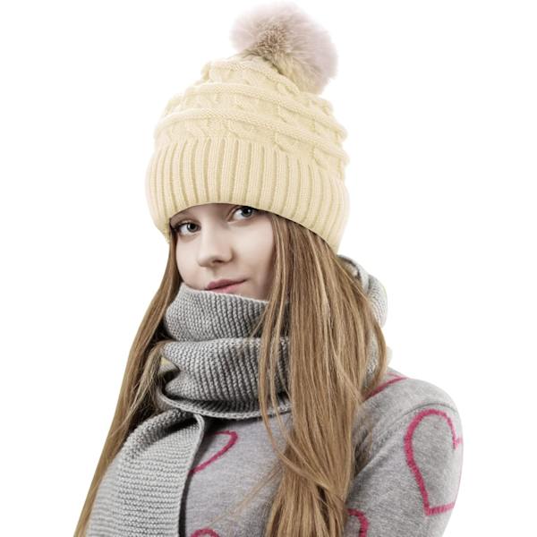 Hætte til kvinder vinter hætte hatte termisk fleeceforet hat damer strikkede uld hatte med kunstig pels pom pom White One size