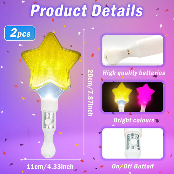 2 st Ljusstavar med 3 Lägen Färgglatt Blinkande, Långvariga Stjärnformade Glow Sticks för Barn Vuxna Födelsedagspresenter Festartiklar Konsert