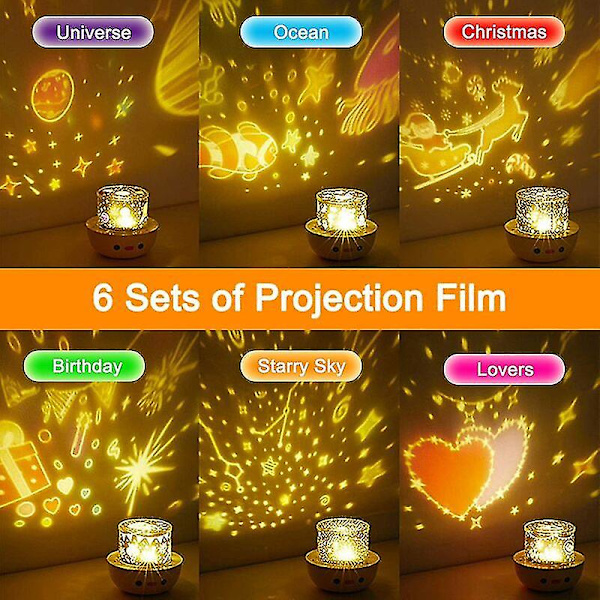 Stjernehimmel Projektorlampe, 3 i 1 LED-høyttaler Musikk Nattlys for barn med 6 projeksjonsfilmer 360 roterende stjernehimmelmusikkprojektor med fjernkontroll