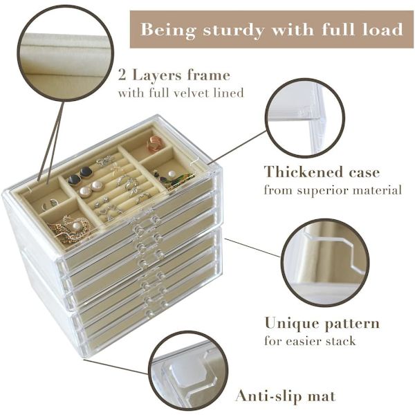 Smykkeæske til kvinder med 3 skuffer, smykkearrangør i fløjl til øreringe, armbånd, halskæde og ringe, opbevaring i klart akryl Transparent Cream  3 Drawers