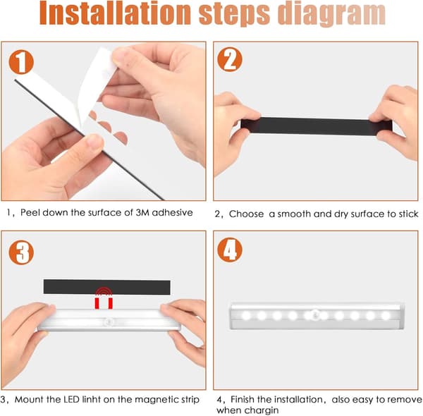 Set of 2 Wireless LED Under Cabinet Lighting Strips, 10 LEDs with Motion Sensor, Magnetic, LED Strip