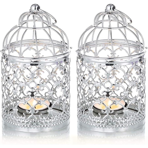 2-pak lille metal fyrfadslys hængende fuglebur lanterne, sølv stearinlys lanterne Vintage