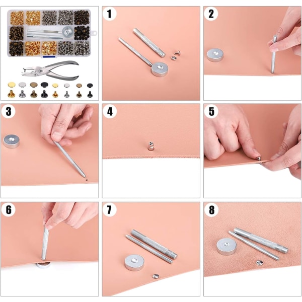 Lädernit 240 Set Dubbelhatt Nit Tubulära Metalldubbar 2 Storlekar med Stansklippare och 3-delad Sättverktygssats för DIY Läderhantverk Reparationer De