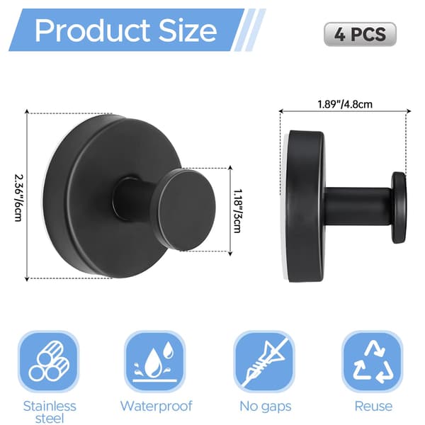Black Suction Cup Hooks (No Drilling), Extra Strong Wall Hooks for Bathroom, Kitchen, and Smooth Windows.