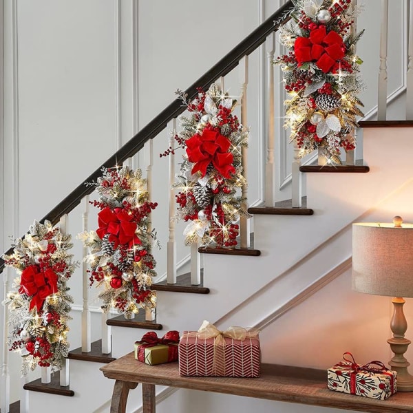 Julekrans for trapper, lyser opp juletrappbytte, trådløs Prelit trappebytte, trim krans, juletrappbytte (rød)