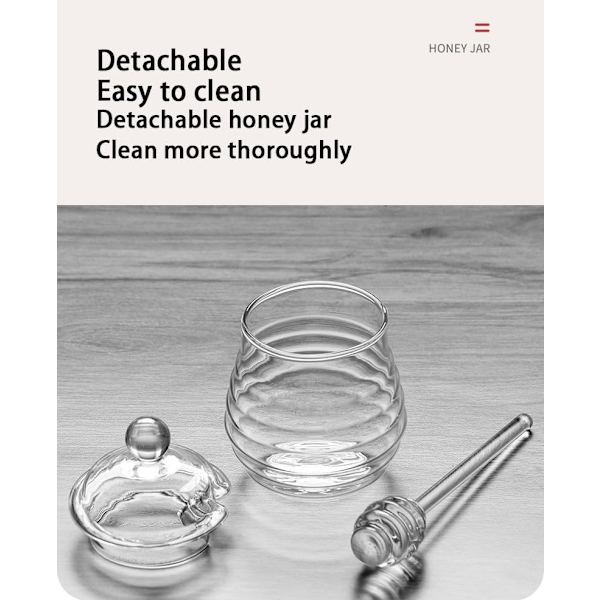 500 ml / 6,9 oz honningkrukke med dipper, glass honningkrukke og dippersett, honningdispenser, bikube honningkrukke for å lagre honning og sirup Wood