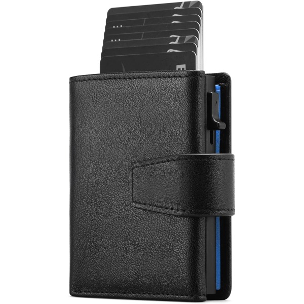 Kreditkortshållare RFID Blockering Minimalistisk Trifold Herrplånböcker Automatisk pop-up case med ID Windows & Zip Myntficka Black With Blue