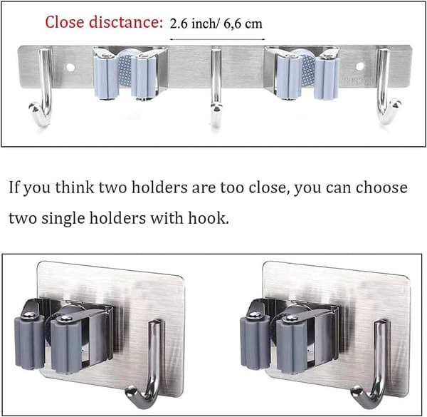 Broom Mop Holder, 2 Pack Wall Mounted Stainless Steel Adhesive Brush Handle Holder with Hook Hanger
