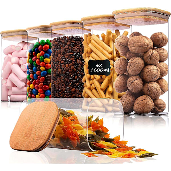 6 pcs Storage Jars with Lids - For Muesli, Cornflakes, Spaghetti - Kitchen Storage Containers 1500ml