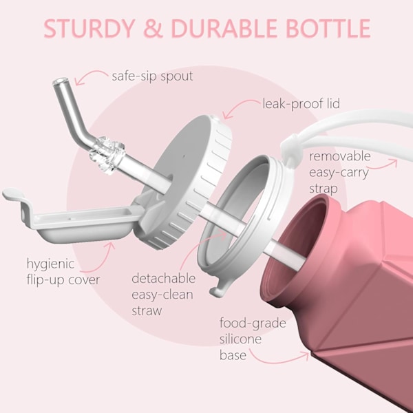 Hopfällbar Vattenflaska med Sugrör, Silikon Vikbar Bärbar Vattenflaska 610ml Lätt Vikt Återanvändbar Läckagesäker för Resor Camping Vandring Cykling Pink