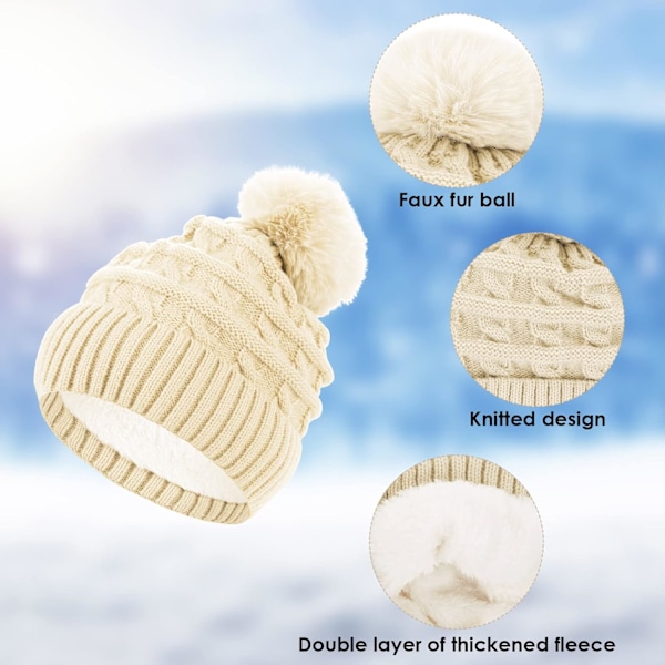 Vintermössa för kvinnor, stickad mössa med fleecefoder, varm mössa med konstpälsboll White One size