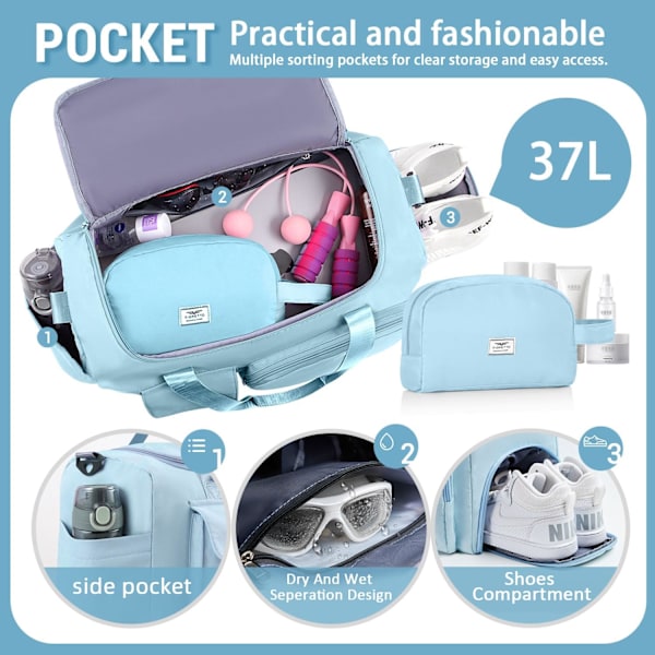 Sportväska för kvinnor och män, gymväska med skofack, weekendväska, övernattningsväska för kvinnor, hopfällbar, vattenavvisande, för sjukhus Light Blue (With Toiletry Bag)