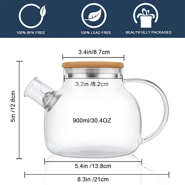 Liesi- ja mikroaaltouuninkestävä lasiteepannu bambulankannella, 900 ml / 30,4 unssia, läpinäkyvä teepannu irrotettavalla suodattimella, lasiteekannu irtoteelle ja kukkivat teelle 900ml/30.4oz 900ML/30.4OZ