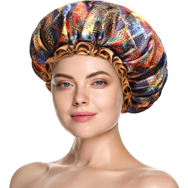 2-pack stor cap för kvinnor, vattentäta återanvändbara duschmössor för långt tjockt hår, justerbara badmössor med elegant print för damer Mysterious XLarge (Pack of 2)