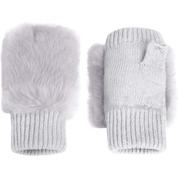 Vinterhandskar för flickor, söta tecknade djurklövar, halvfinger, tjocka & varma, mjuka plyschkorallfleece-snörehandskar Solid Light Grey