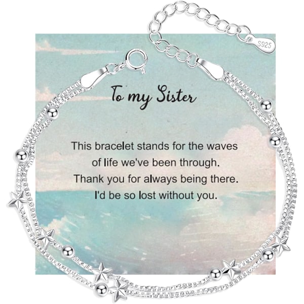 Elegant Mini Stars Beaded Charm Armband 925 Sterling Silver Box Chain Layered Armband, Justerbart vänskapslänk Armband Smycken för kvinnor Mini Starsister