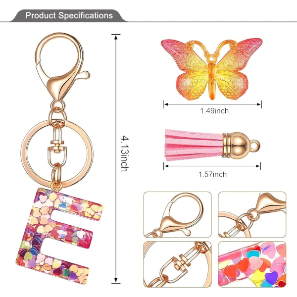 Nyckelringar i form av initialer för kvinnor, tofs, fjäril, rosa, lila, söt bilnyckelring för plånböcker, handväskor, ryggsäckar, A-Ö Pink E
