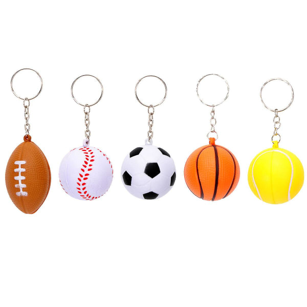 5 stk boldform nøgleringe Pu bold nøglering souvenirs vedhæng Legetøj til spillere Atleter Drenge holdkammerater (basketball + fodbold + rugby + baseball + tennis