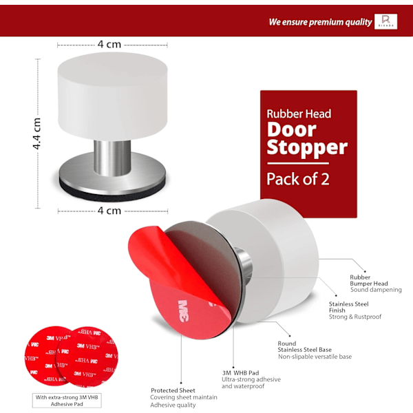 2-pakka ovipysäytintä ylimääräisillä tarroilla, itseliimautuva ovipysäytin valkoisella kumilla ja ruostumattomasta teräksestä valmistetulla rungolla - raskasääninen äänenvaimennin White