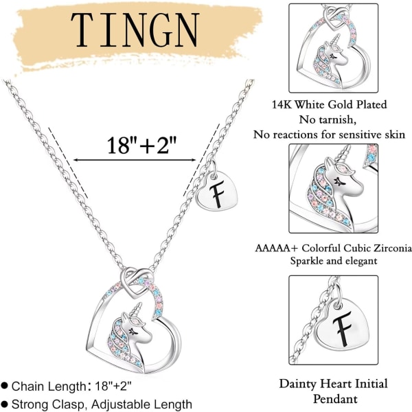 Yksisarvinen lahjat tytöille - 14K valkokultapinnoitettu värikäs CZ sydänriipus Yksisarvinen kaulakoru tytöille Korut Alkuperäinen Yksisarvinen kaulakoru Syntymäpäivälahja F