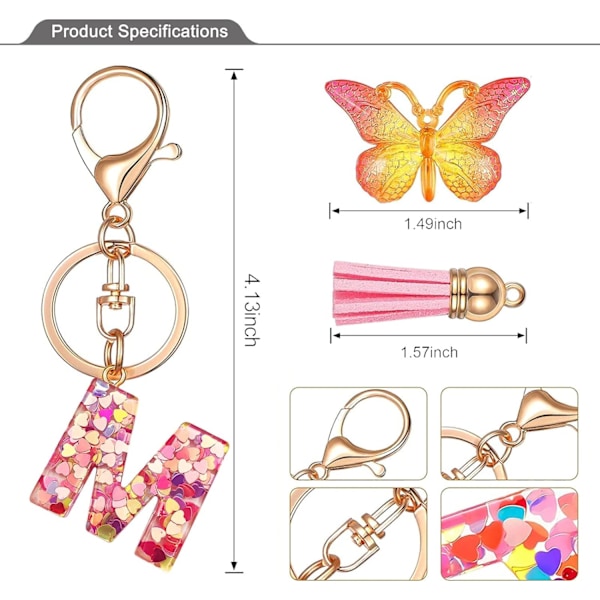 Nyckelringar i form av initialer för kvinnor Tassel Butterfly Pink Purple Cute Car Keyring för plånbok Handväskor Ryggsäck A-Z Pink M