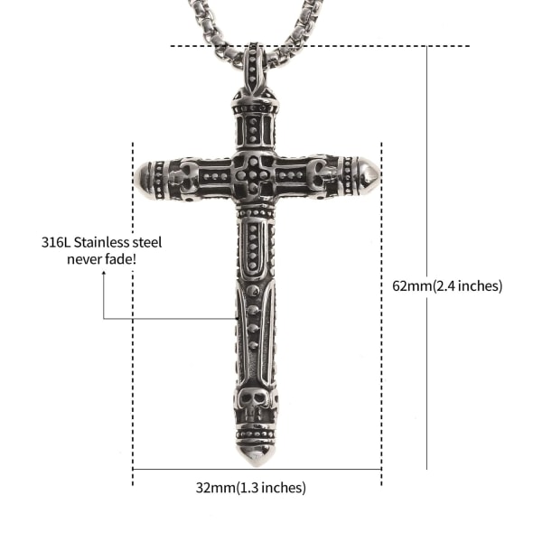 Halskjede i rustfritt stål av høy kvalitet for menn, 23\" med anheng - Håndlaget smykke for surfere - ingen misfarging og rust - Gave til menn - U (sølv Vi Silver Vikings Cross