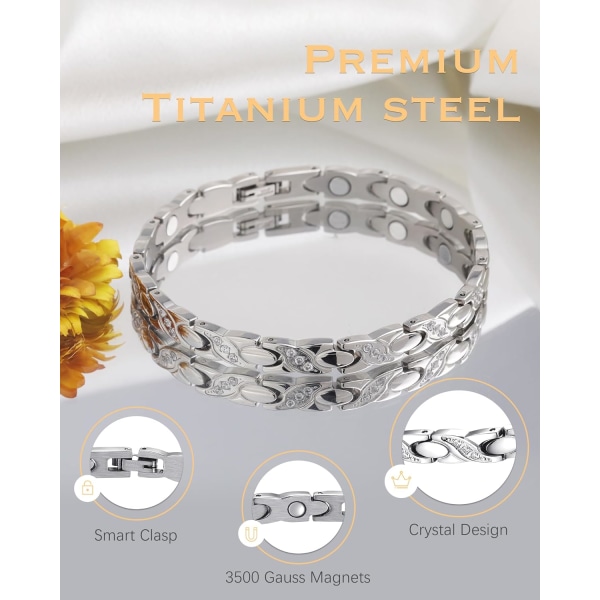 Magnetiskt armband i titanstål för kvinnor, justerbar längd, kristalldesign, magnetiskt armband med starka magneter för kvinnor, med storleksverktyg och smyckesask silver cryst-al