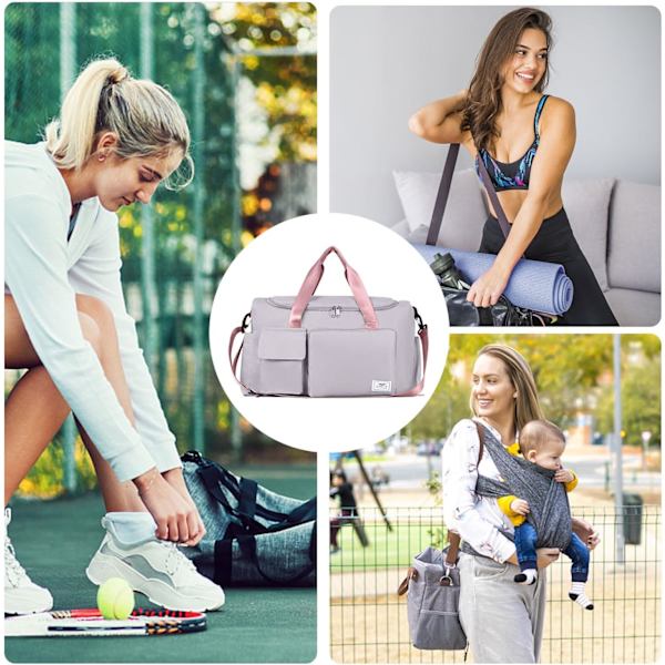 Sports- og træningstaske til kvinder og mænd med skorum, weekendrejsetaske, overnatningstaske til kvinder, sammenklappelig, vandafvisende hospitalstaske Grey&pink (With Toiletry Bag)