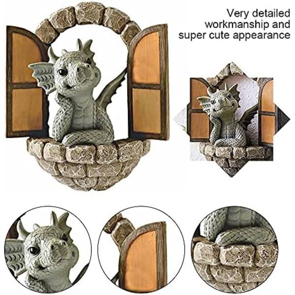 Gårdsdrake Skulptur Väggdekoration, Härlig Harts Trädgård Drake Staty, Liten Drake Mediterar Framför Fönstret Konst Figurer De
