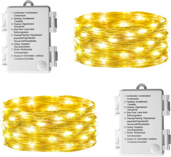 Fairy light powered by 2 battery packs, 8 modes, 50 LEDs, 5 meters copper wire, waterproof (warm white light)