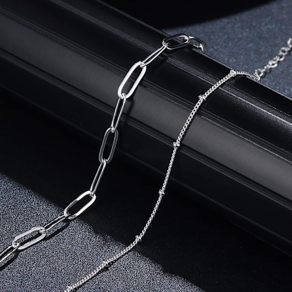 925 Sterling Sølv Lås Papirclips Kjede Armbånd 14K Hvitgull Belagt Solid Diamantslipt Papirclips Kjede Dame Armbånd Justerbar Lagdelt Være 2pcs