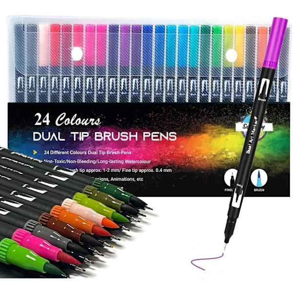 Färgpennor för vuxna Scherry Dual Tip Brushpennor 24 färger Filtpennor Färgade Konstpennor för vuxna, Barnpennor för kalligrafi Komisk bokstäver 24