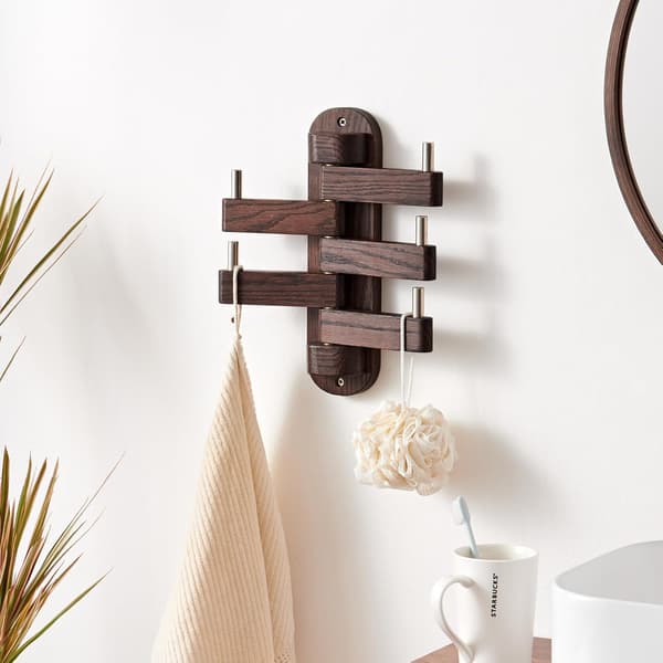 Oak Swivel Coat Rack, Solid Wood Hooks with 5 Swiveling Foldable Arms, 30 cm Long Wall Rack Hat Hooks for Bedroom (Walnut)