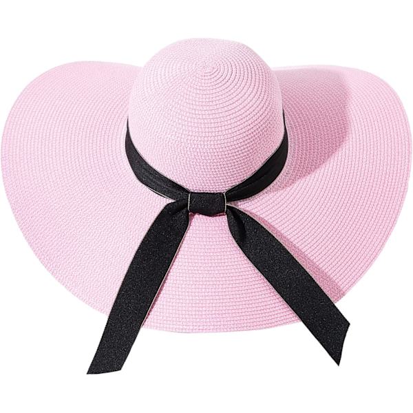 Damhatt i Halm med Bred Brätte, Floppy, Vikbar, Strandhatt, Solhatt, UPF 50+ Bowknotpink