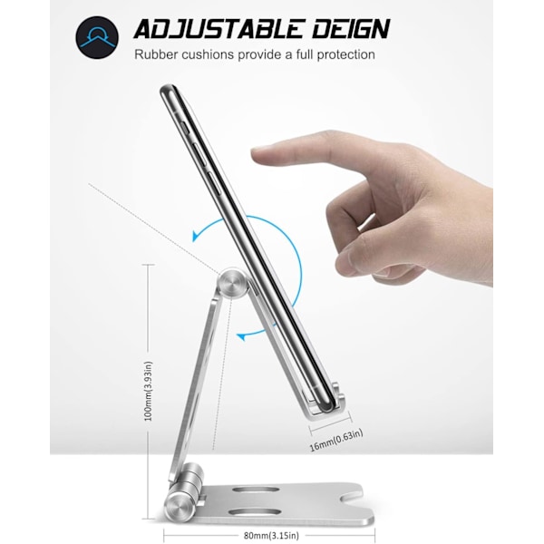 Justerbar Telefonholder, Fuld Aluminium Foldbar Skrivebords Holder Telefonholder til 4-11'' Mobiltelefoner og Tablets Silver