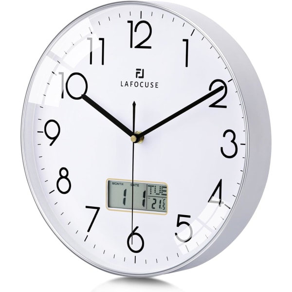 Tyst väggklocka för kök med datum och dagtemperatur, silver väggklockor för vardagsrum modernt sovrum, LCD-display kvarts digital väggklocka B