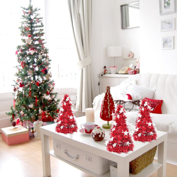 Pieni joulukuusi, pieni joulukuusi, keinotekoinen paljetti hopealanka pöytätasoinen joulukuusen pöytäkoristepuu kotitoimistoon (3 pakkaus) (punainen)