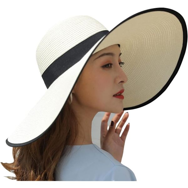 Kvinner sammenleggbar floppy bredbremmet stråsolhatt sommer strandhatt UV UPF 50+ 03Style White