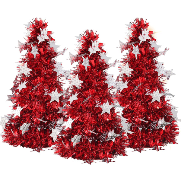 Mini-juletræ, lille juletræ, kunstig pailletter tinsel bordplade juletræ Skrivebordsdekorationstræ til hjemmekontoret (3 pakke) (rød)
