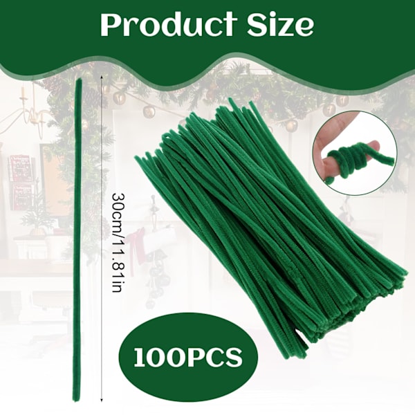 100 KPL Tummanvihreitä Piippurasseja Askarteluun, 30 cm x 6 mm Chenille-varsia DIY-jouluaskarteluun