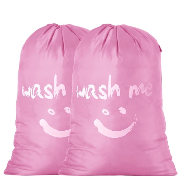 Ekstra Stor Vasketøjspose, 120L Foldbar Opbevaringspose med Snørelukning, 420D Nylon Vasketøjspose Stofpose til Rejser, 63x93cm, 2 Pink Smile pink