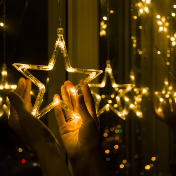 LED-tähdet verhovalot, verhonauhavalot 8 vilkkuvalla tavalla koristelu jouluksi, häiksi, juhliin, seinään, USB/ paristokäyttöinen (lämmin valkoinen)